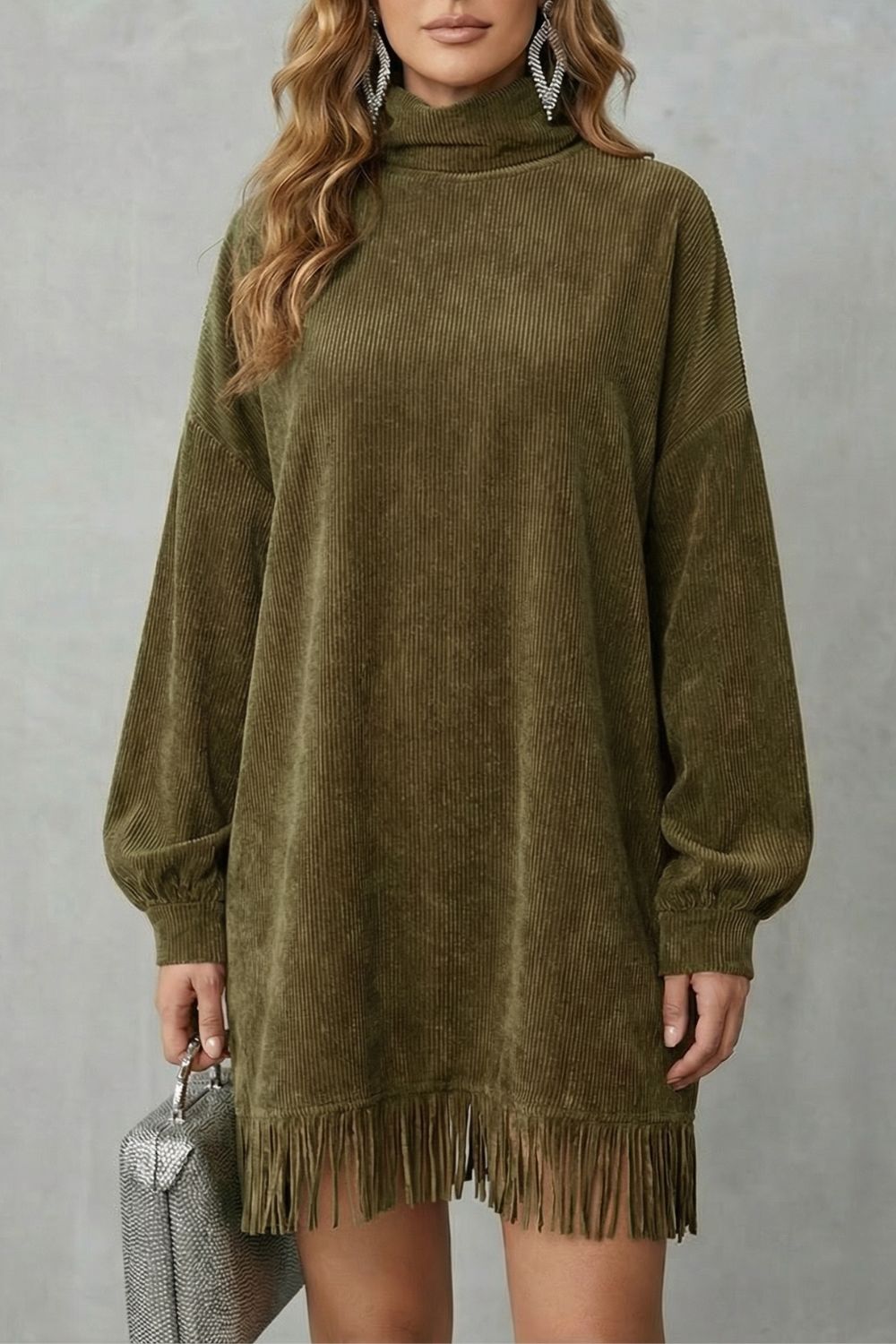 Fringed Charm Turtleneck Mini Dress