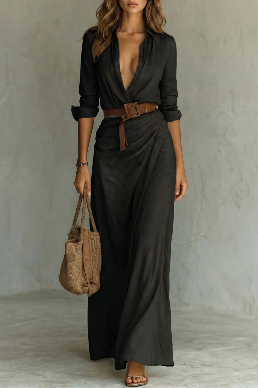 Button-down Wrap Dress Belted Maxi Dress