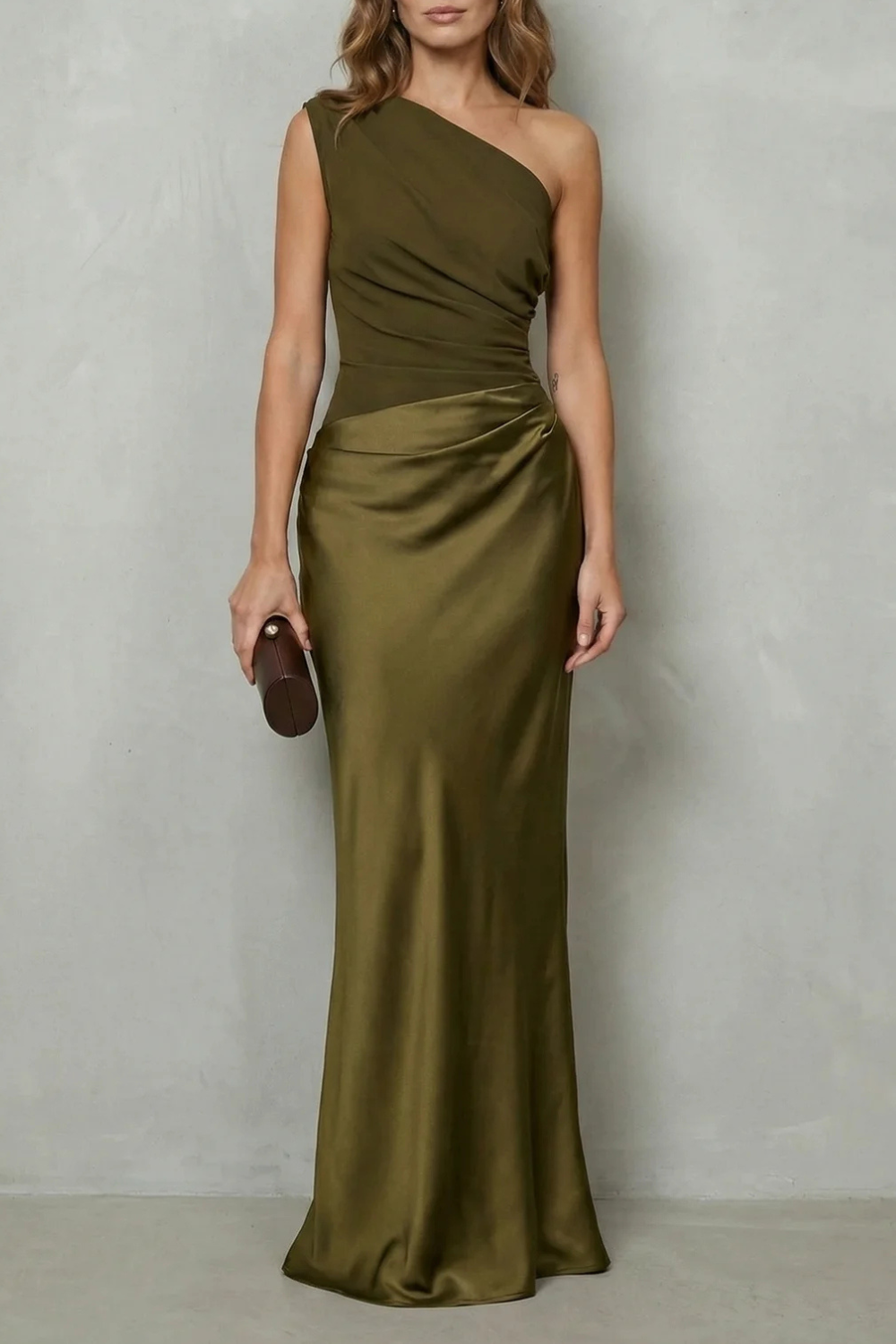 Asymmetric Satin Drape Evening Gown