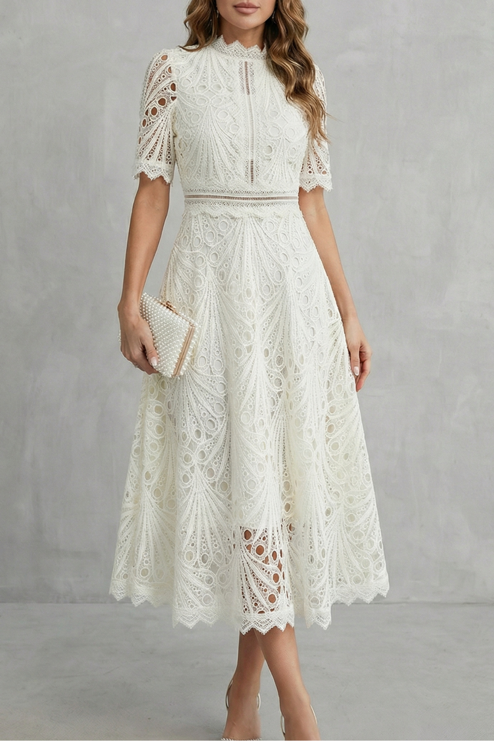Ornate Lace Refinement High-neck Midi Dress
