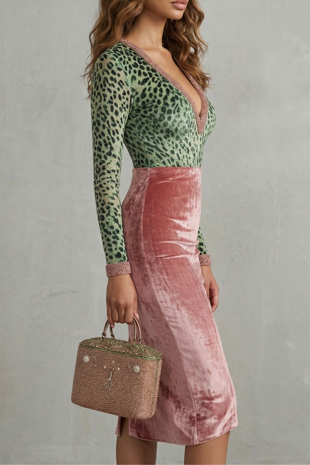 Leopard Velvet Contrast Bodycon Midi Dress