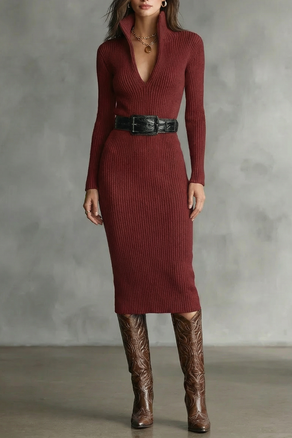Sculpted Elegance Knit Midi Dress