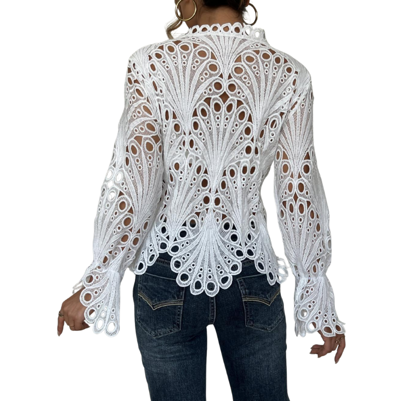 Women's Crochet Hollow Lace Long Sleeve Blouse Scallop Hem