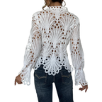 Women's Crochet Hollow Lace Long Sleeve Blouse Scallop Hem