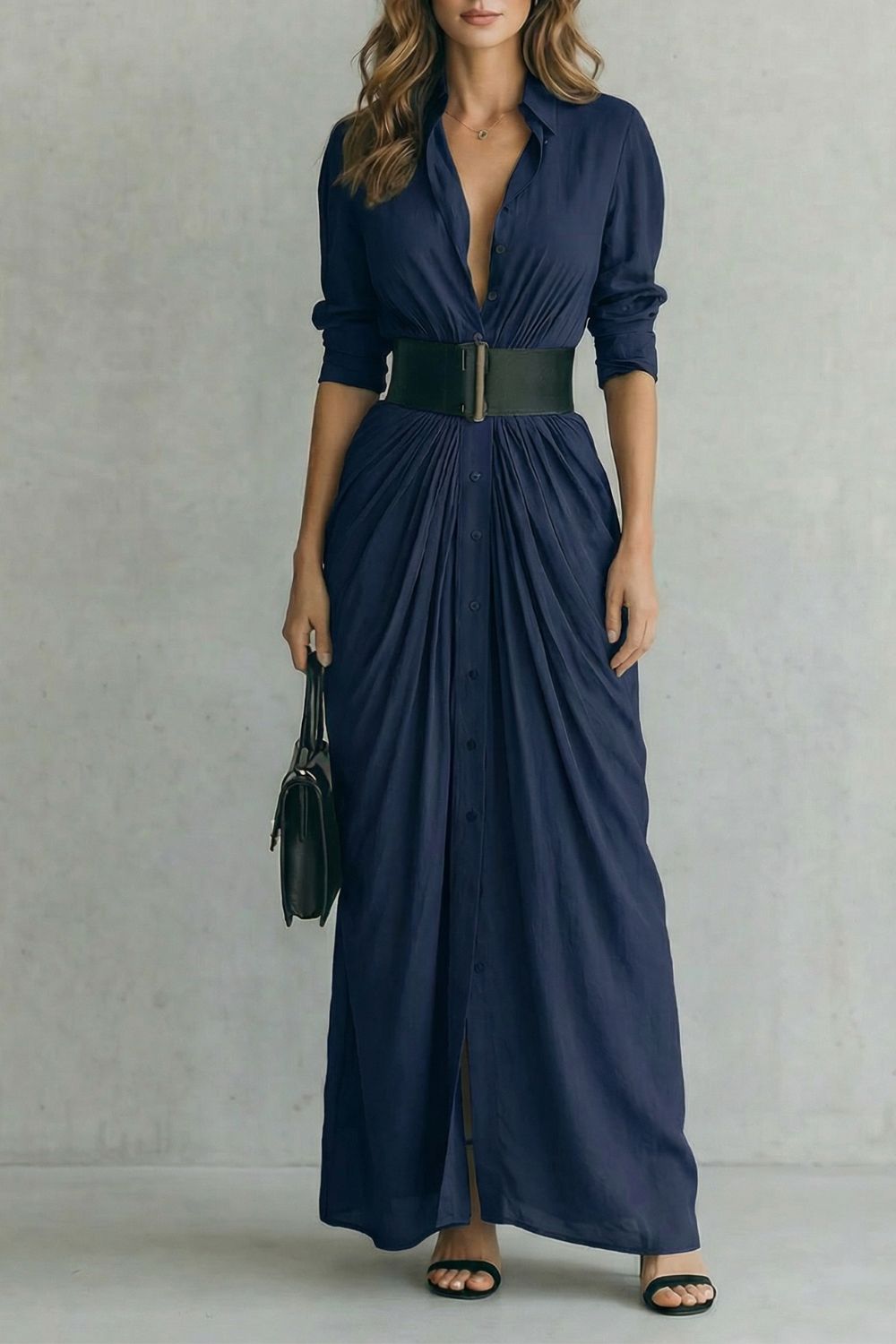 Pleated Waist Drama Maxi Shirt Dress (includes Belt)