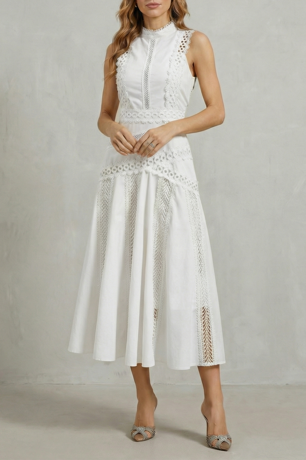Intricate Lace Panels Elegant Midi Dress