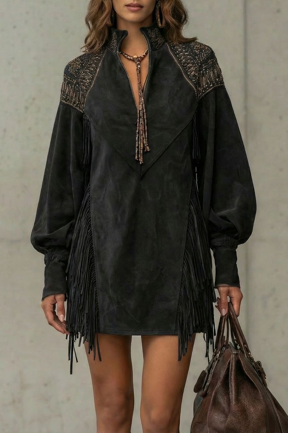 Embroidered Fringe Detail Tunic Mini Dress