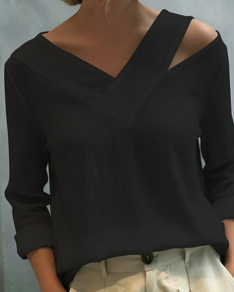 Women's Asymmetric V-Neck Long Sleeve Linen Look Top