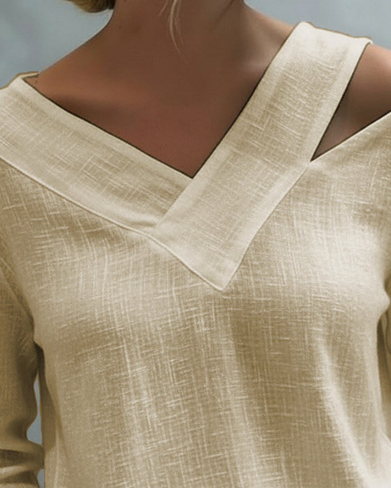 Women's Asymmetric V-Neck Long Sleeve Linen Look Top
