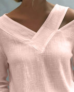 Women's Asymmetric V-Neck Long Sleeve Linen Look Top