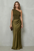 Asymmetric Satin Drape Evening Gown