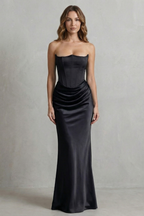 Sculpted Satin Drape Strapless Corset Maxi Dress
