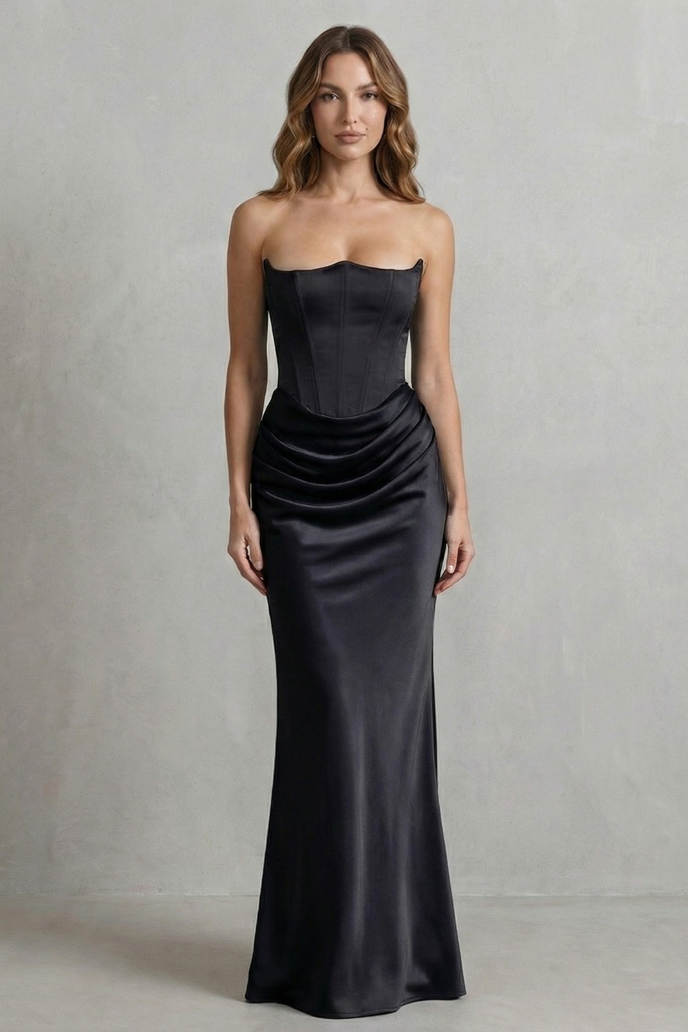 Sculpted Satin Drape Strapless Corset Maxi Dress