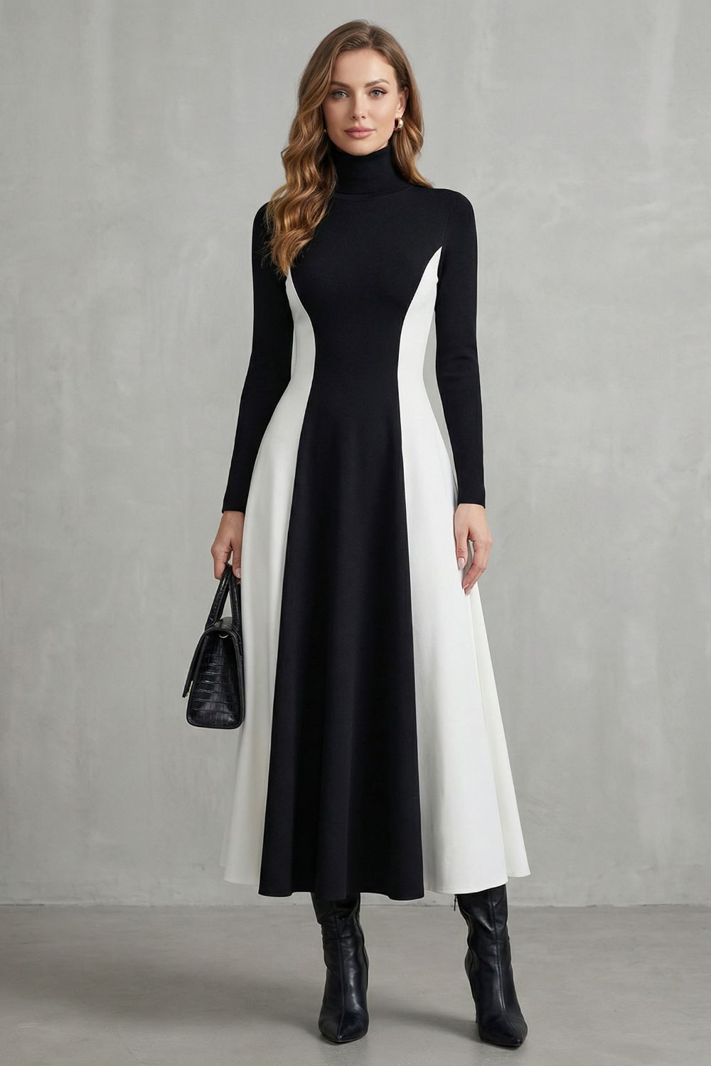 Sculpted Contrast Flow Turtleneck Dress
