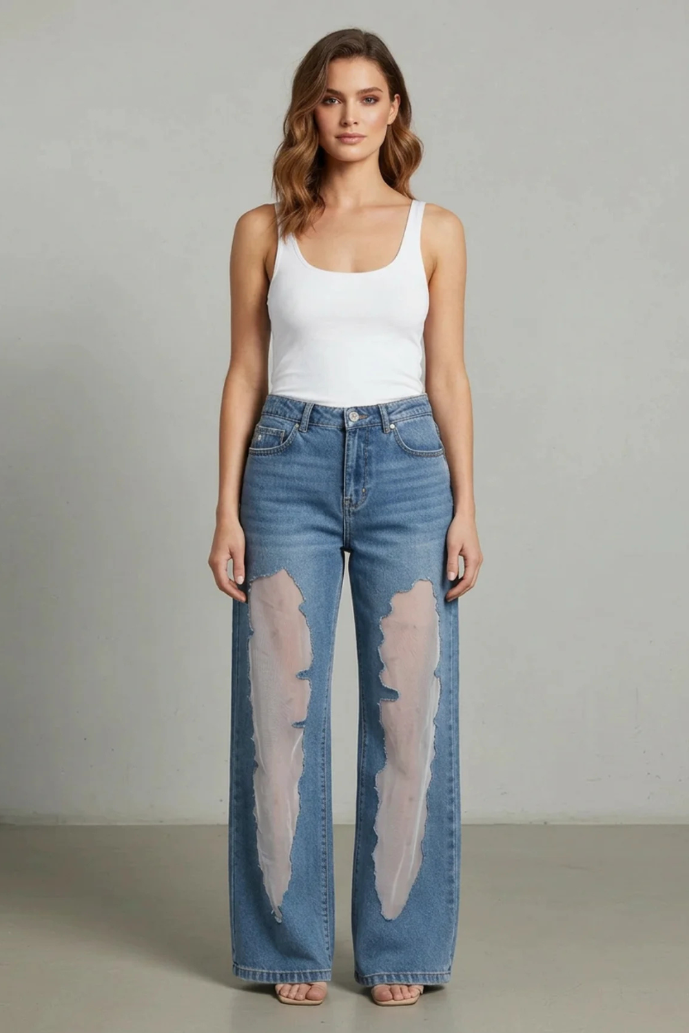 Vintage Mesh Patchwork Wide-leg Jeans
