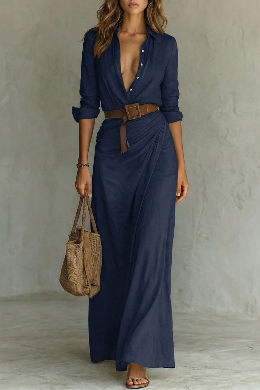 Button-down Wrap Dress Belted Maxi Dress