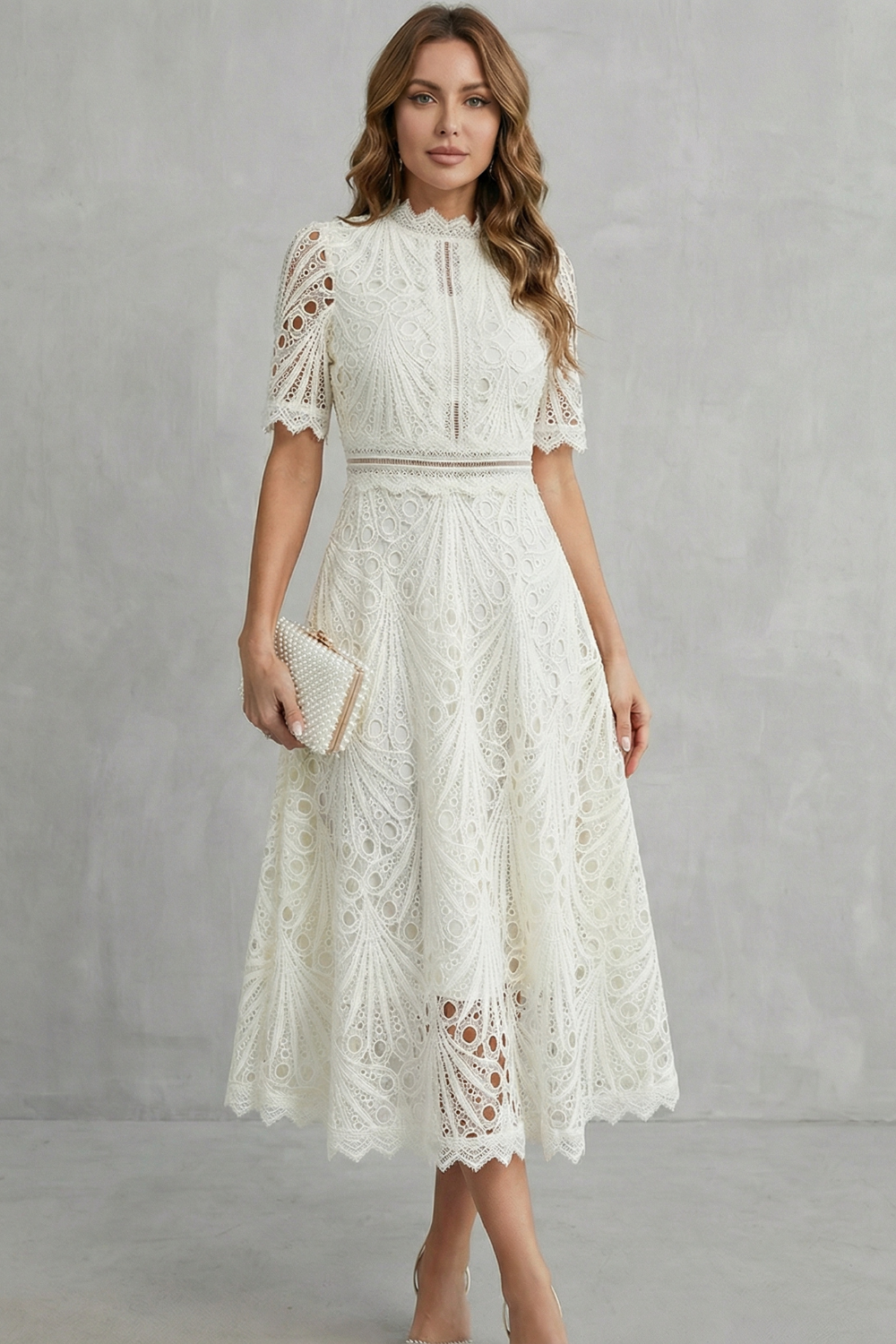 Ornate Lace Refinement High-neck Midi Dress