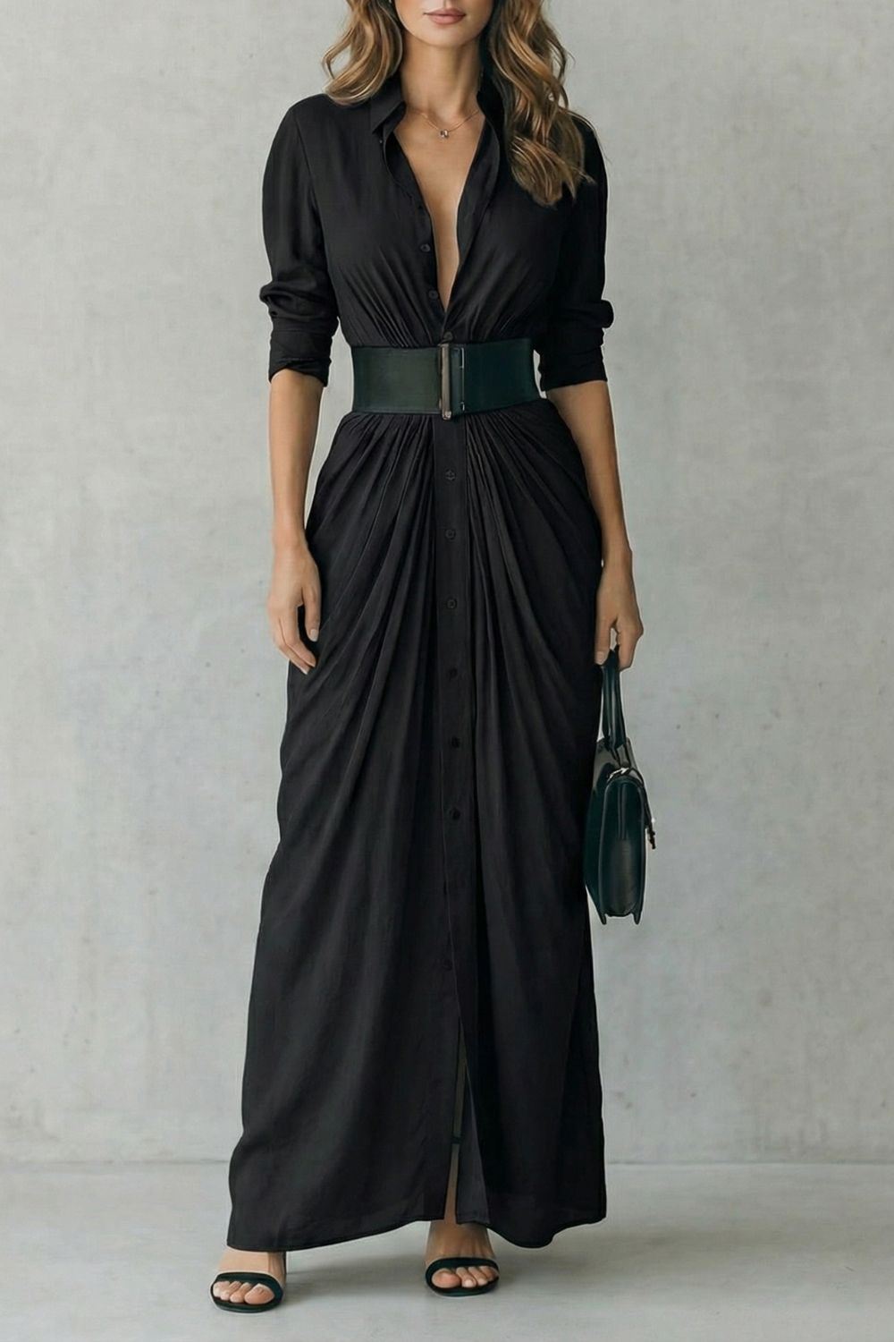 Pleated Waist Drama Maxi Shirt Dress (includes Belt)