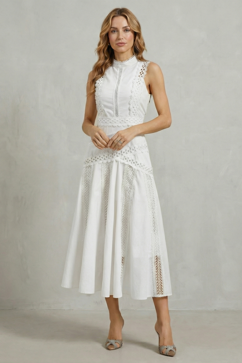 Intricate Lace Panels Elegant Midi Dress