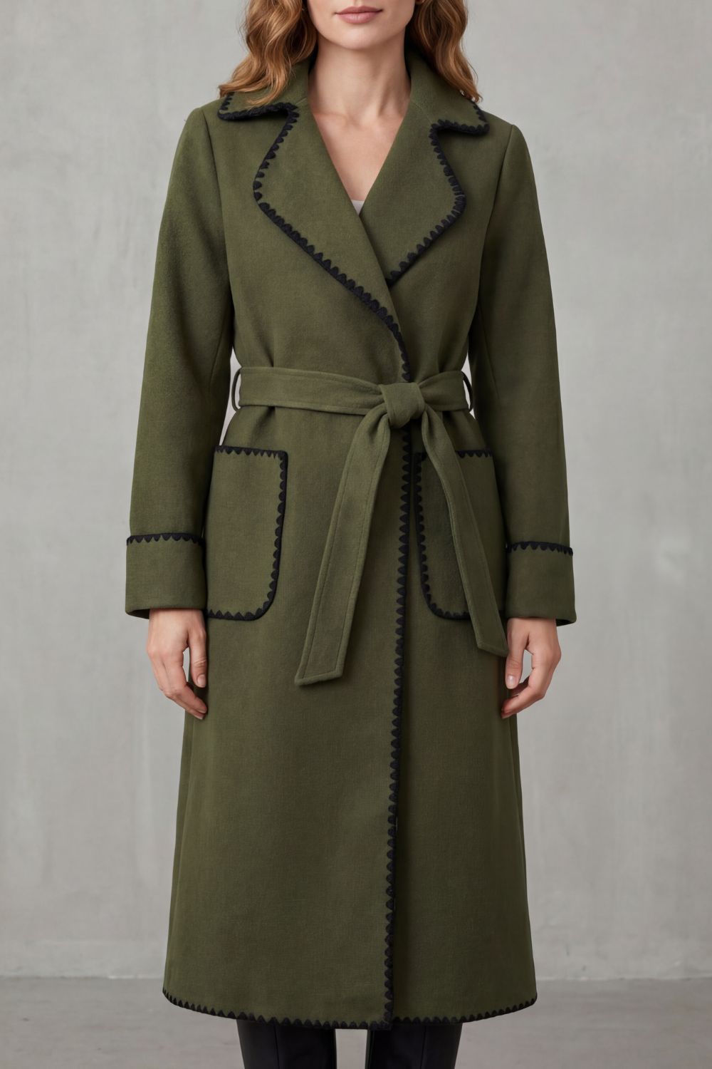 Contrast trim | Longline belted coat