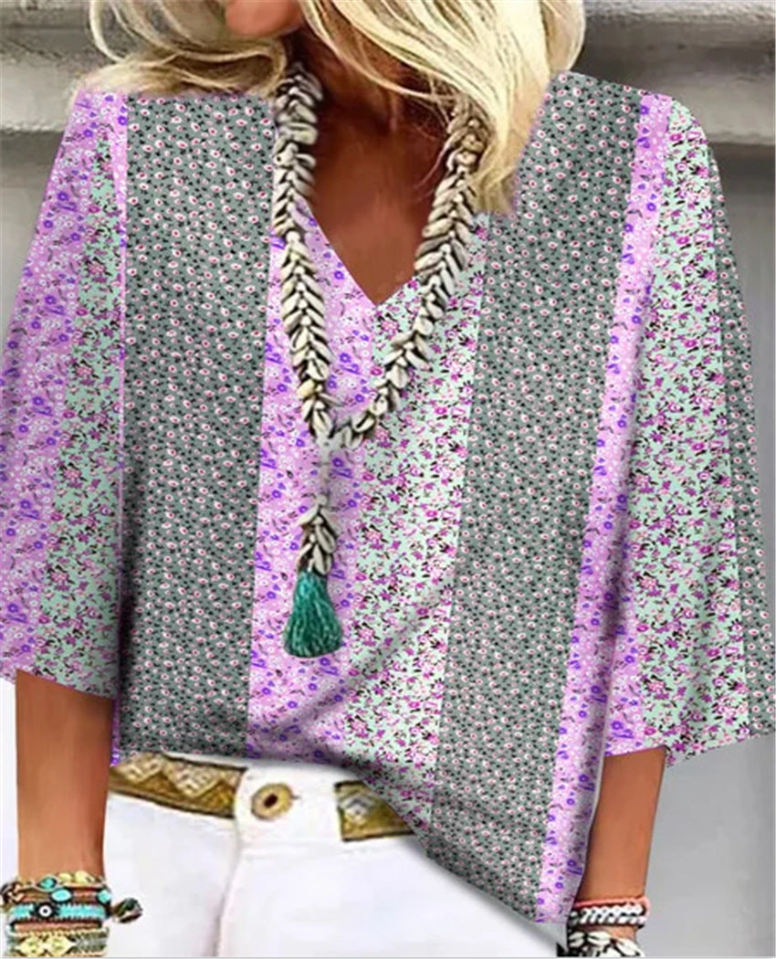 Women's Printed V-Neck 3/4 Sleeve Blouse Relaxed Fit