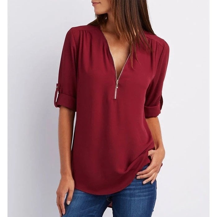Women's Zip V-Neck 3/4 Sleeve Blouse Casual Top