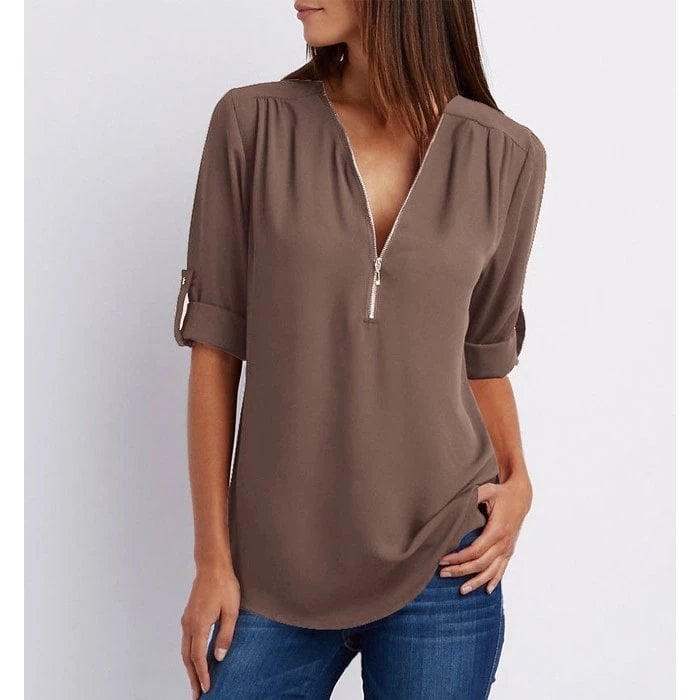 Women's Zip V-Neck 3/4 Sleeve Blouse Casual Top