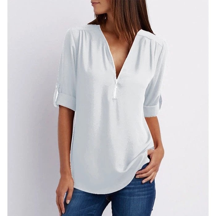 Women's Zip V-Neck 3/4 Sleeve Blouse Casual Top