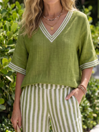 Wren | Contrast V Neck Tunic Stripe Trouser Set