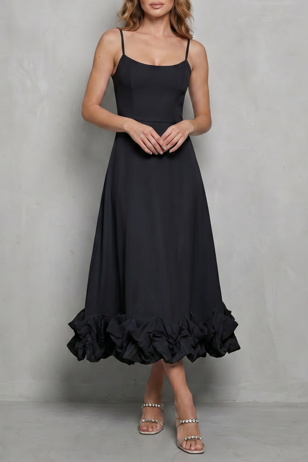Romantic Ruffle Hem Sleeveless Midi Dress