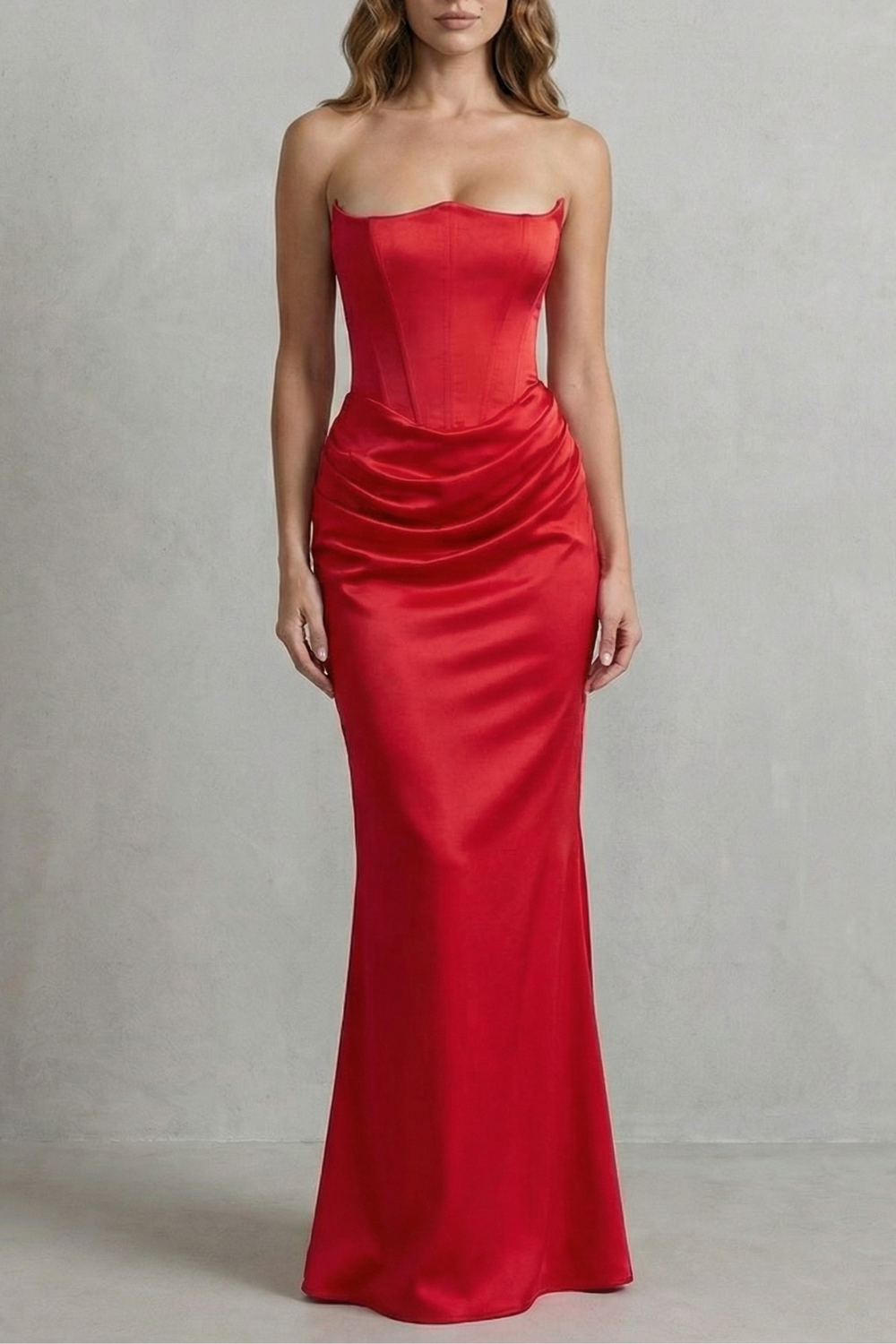 Sculpted Satin Drape Strapless Corset Maxi Dress