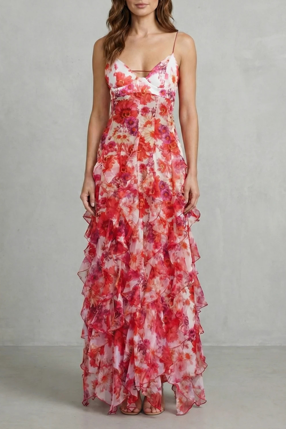Watercolour Bloom Flow Ruffled Chiffon Maxi Dress