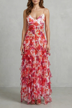 Watercolour Bloom Flow Ruffled Chiffon Maxi Dress