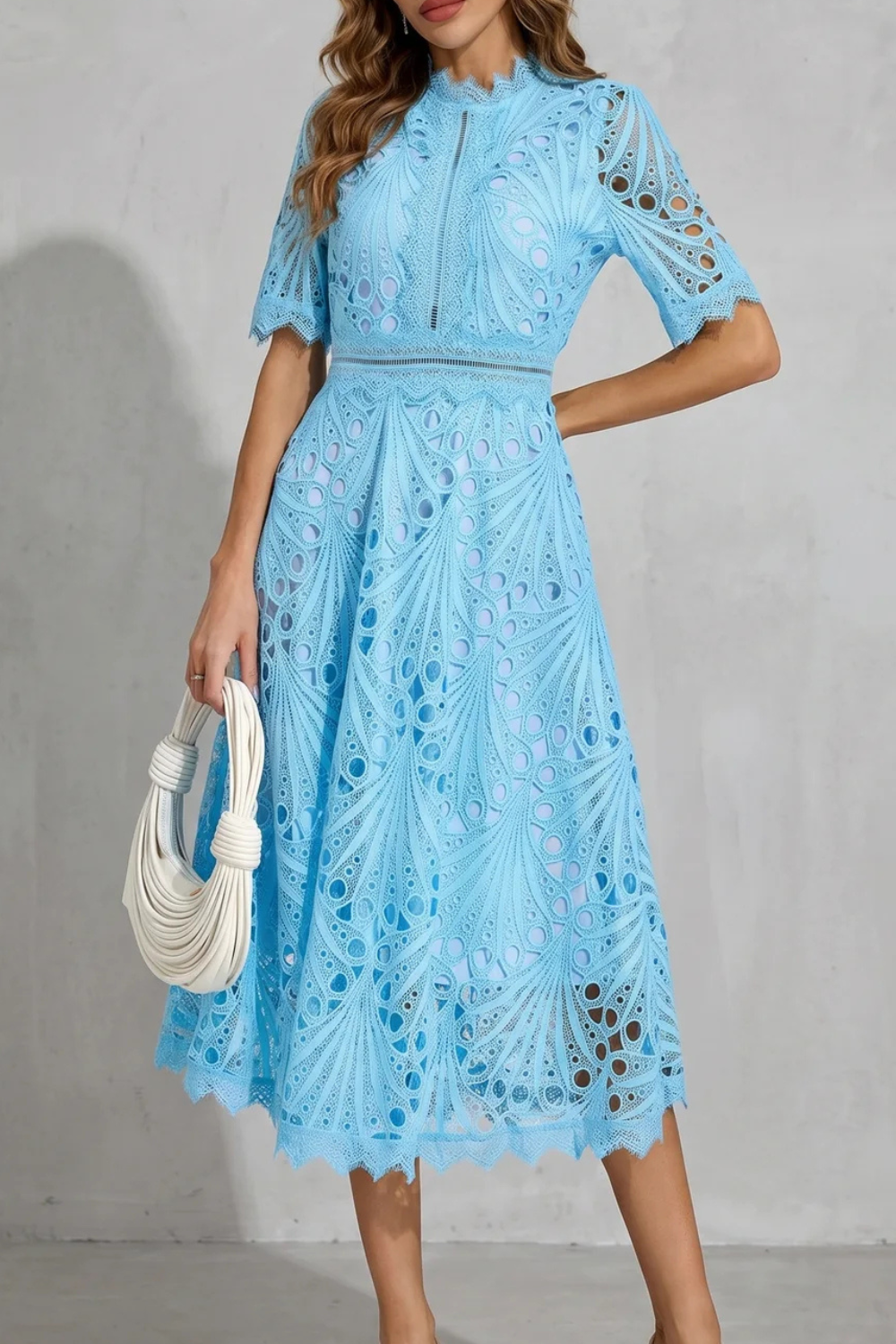 Ornate Lace Refinement High-neck Midi Dress