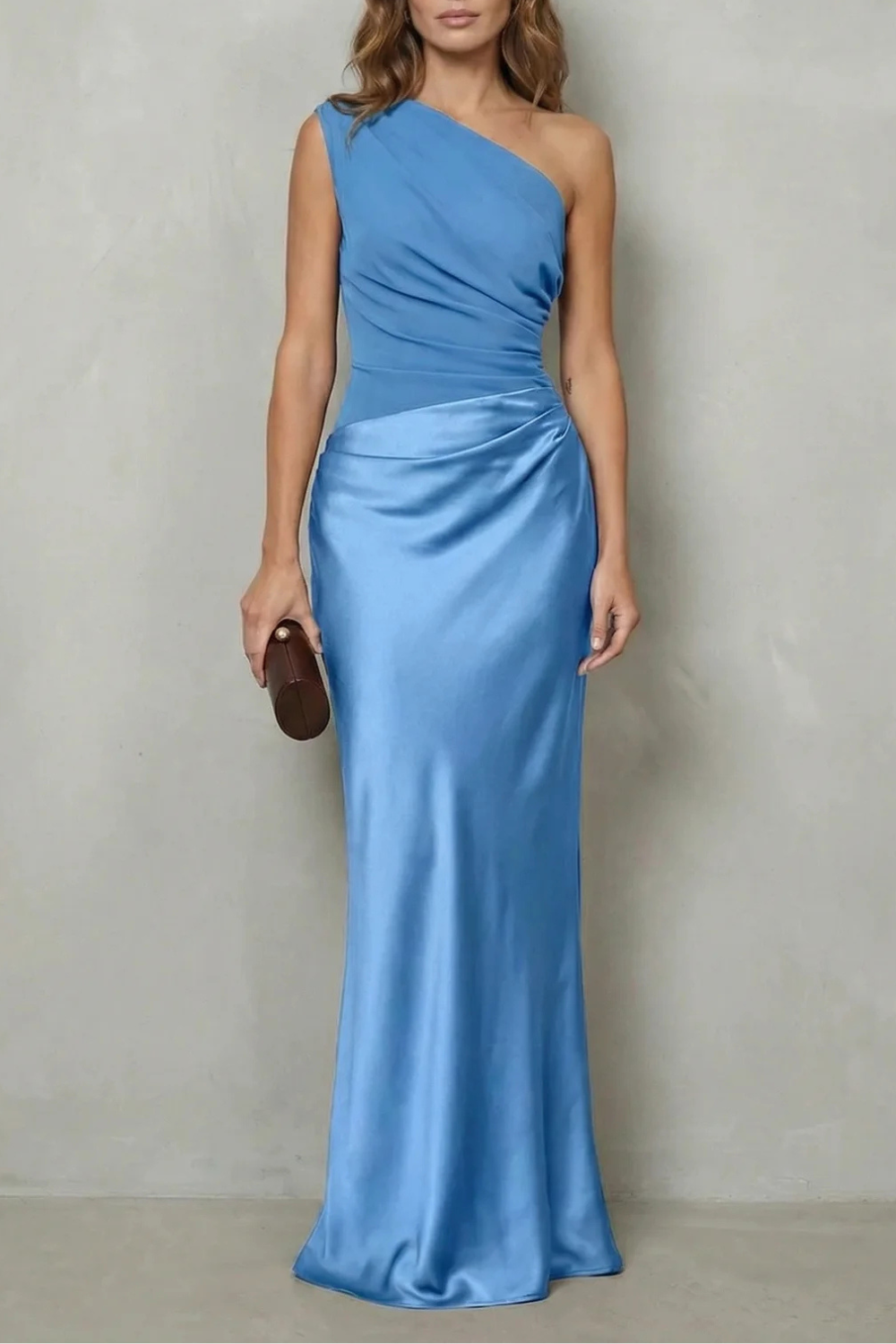 Asymmetric Satin Drape Evening Gown