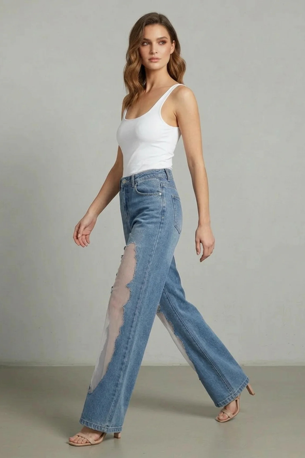 Vintage Mesh Patchwork Wide-leg Jeans
