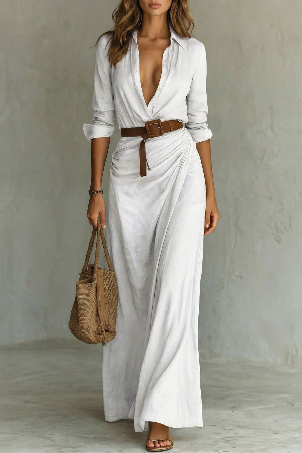 Button-down Wrap Dress Belted Maxi Dress