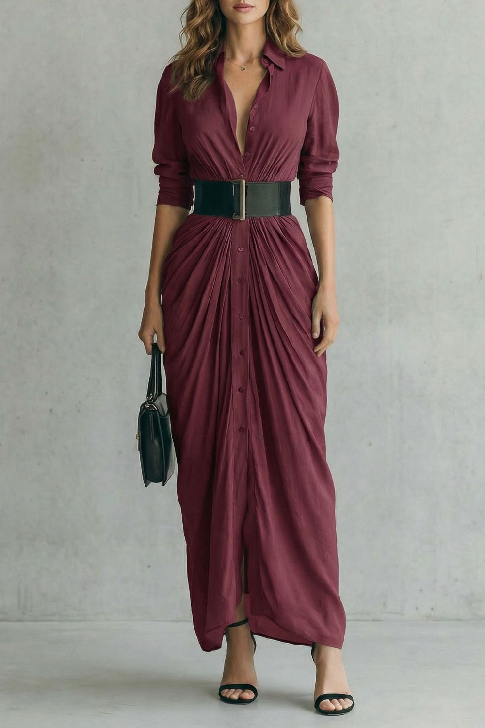 Pleated Waist Drama Maxi Shirt Dress (includes Belt)