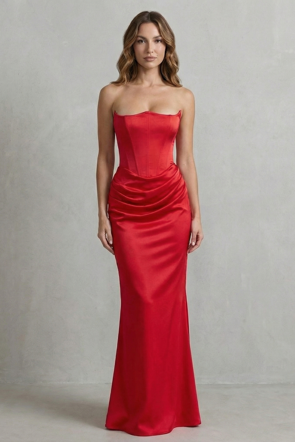 Sculpted Satin Drape Strapless Corset Maxi Dress