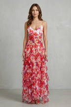 Watercolour Bloom Flow Ruffled Chiffon Maxi Dress