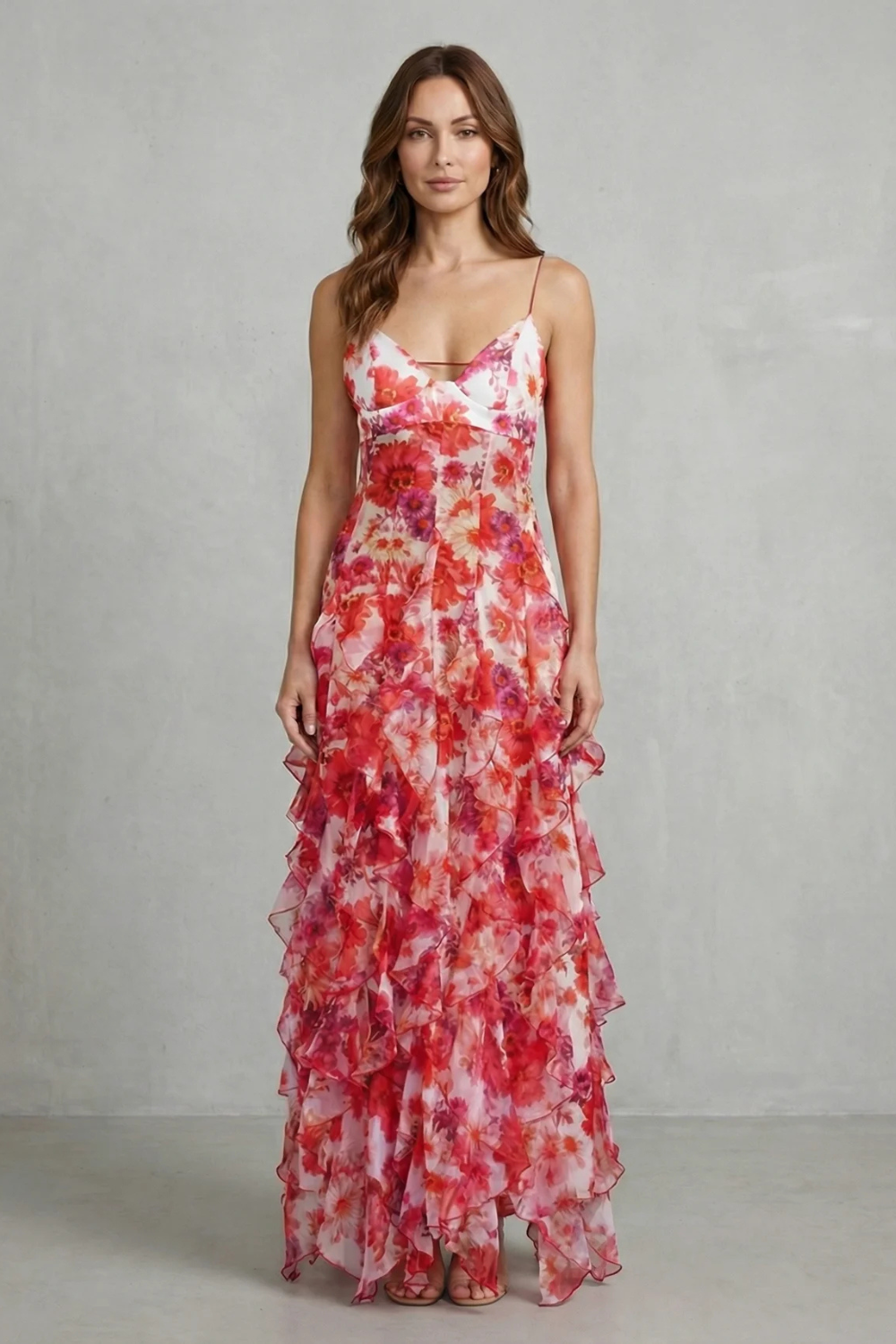 Watercolour Bloom Flow Ruffled Chiffon Maxi Dress