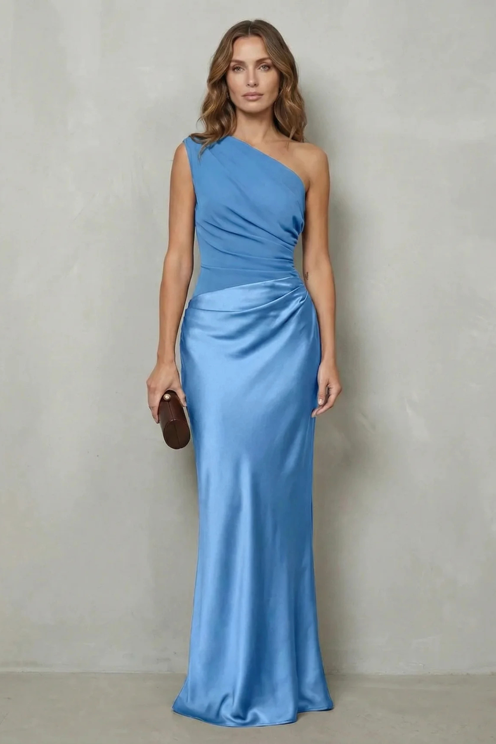 Asymmetric Satin Drape Evening Gown