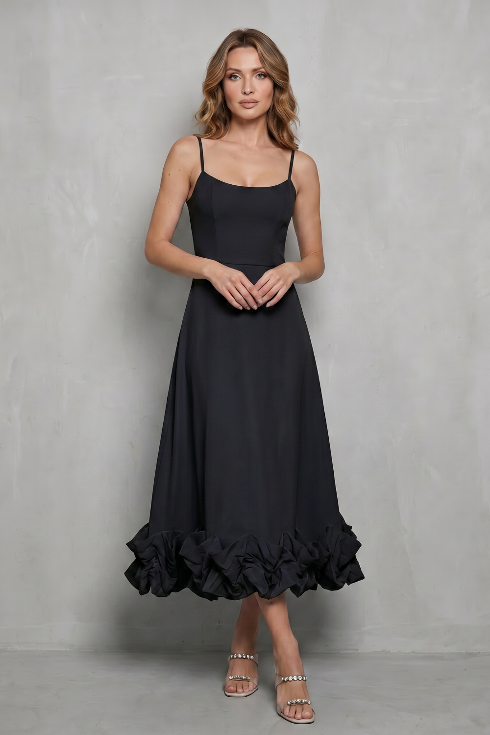 Romantic Ruffle Hem Sleeveless Midi Dress