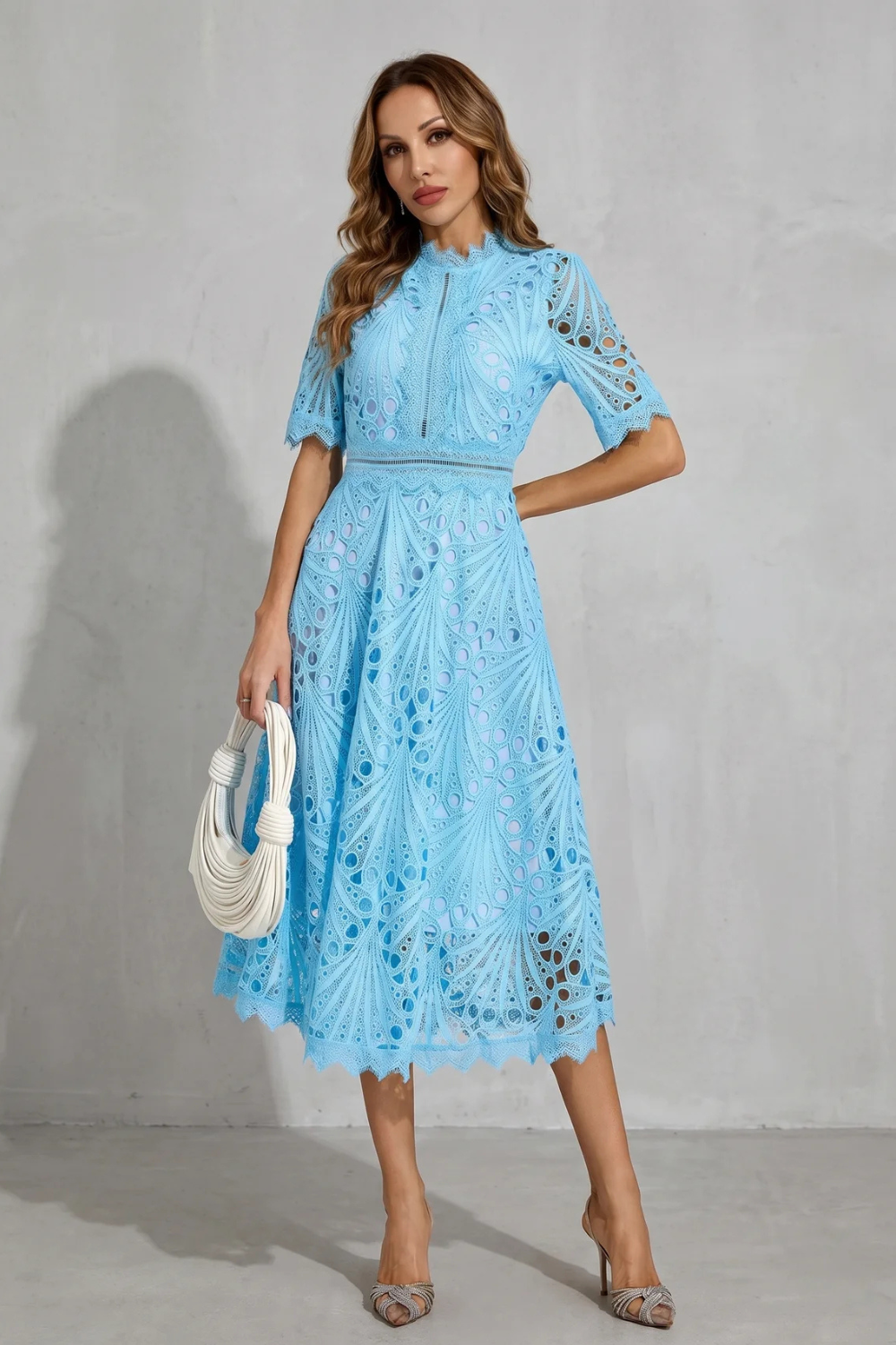 Ornate Lace Refinement High-neck Midi Dress