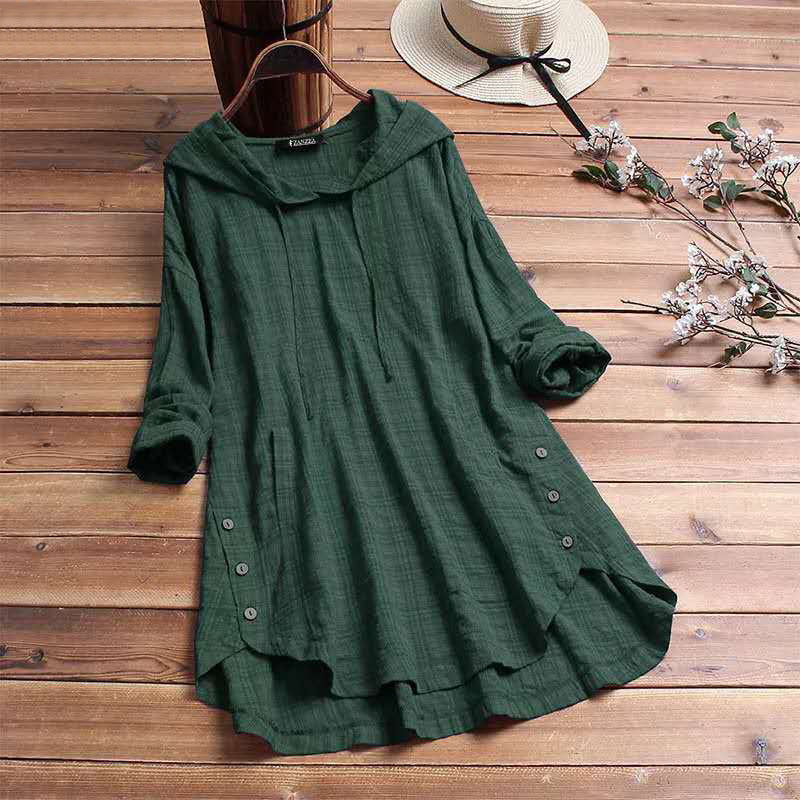 Women's Hooded Tunic Top Long Sleeve Button Hem Shirt