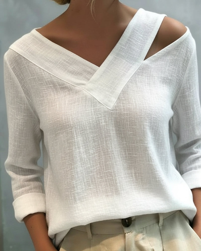 Women's Asymmetric V-Neck Long Sleeve Linen Look Top - White