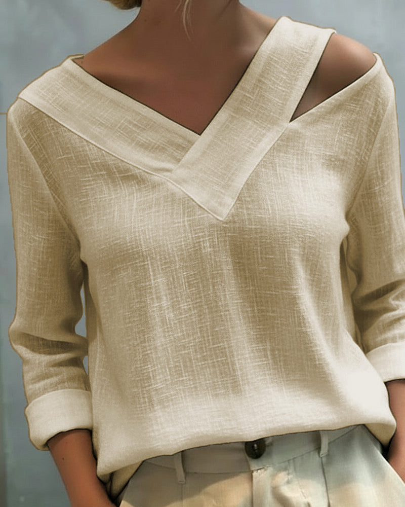 Women's Asymmetric V-Neck Long Sleeve Linen Look Top
