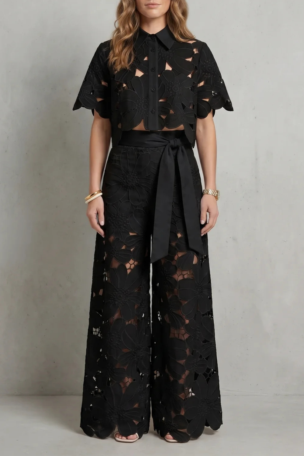 Embroidered Lace Elegance Top And Skirt Set