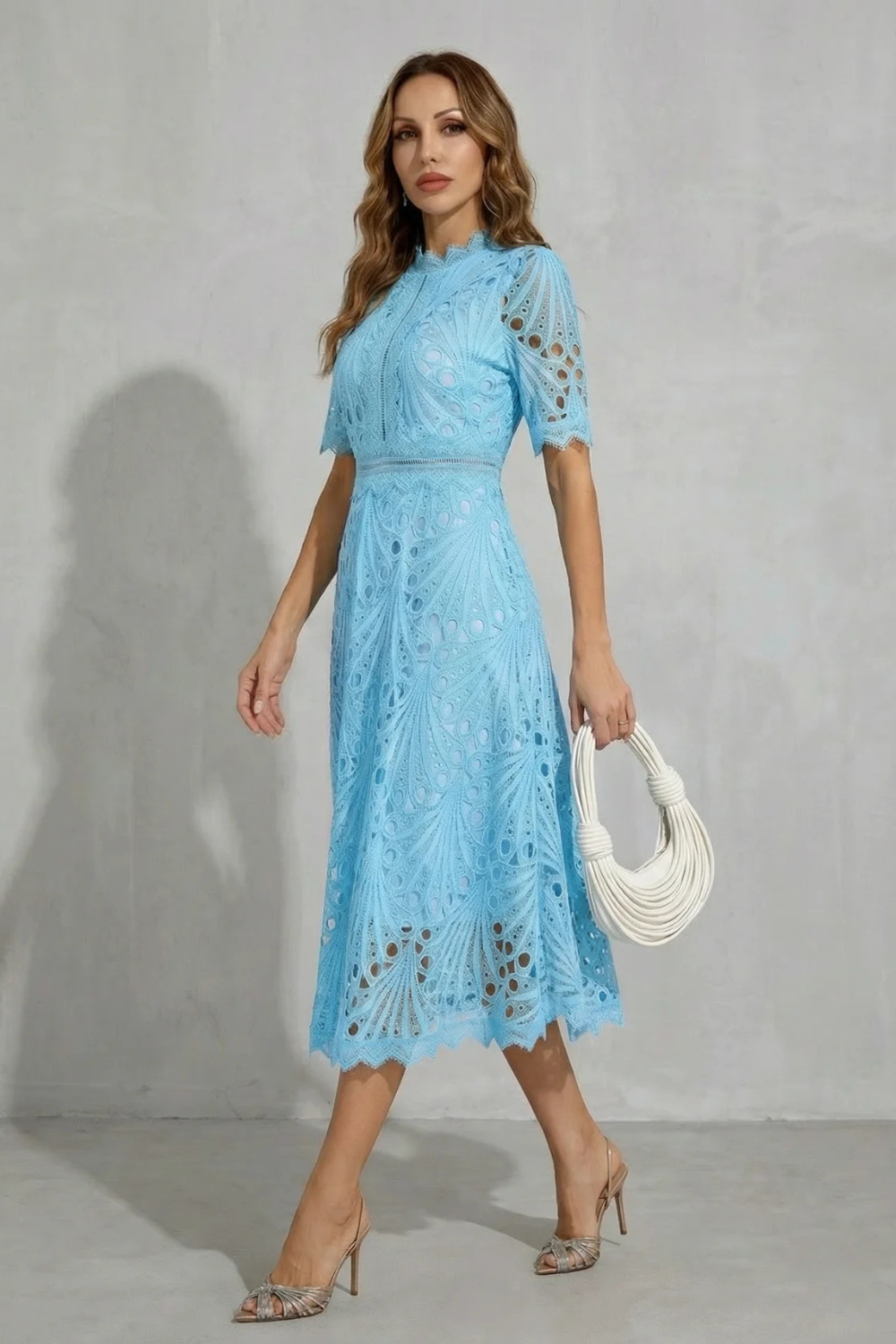 Ornate Lace Refinement High-neck Midi Dress