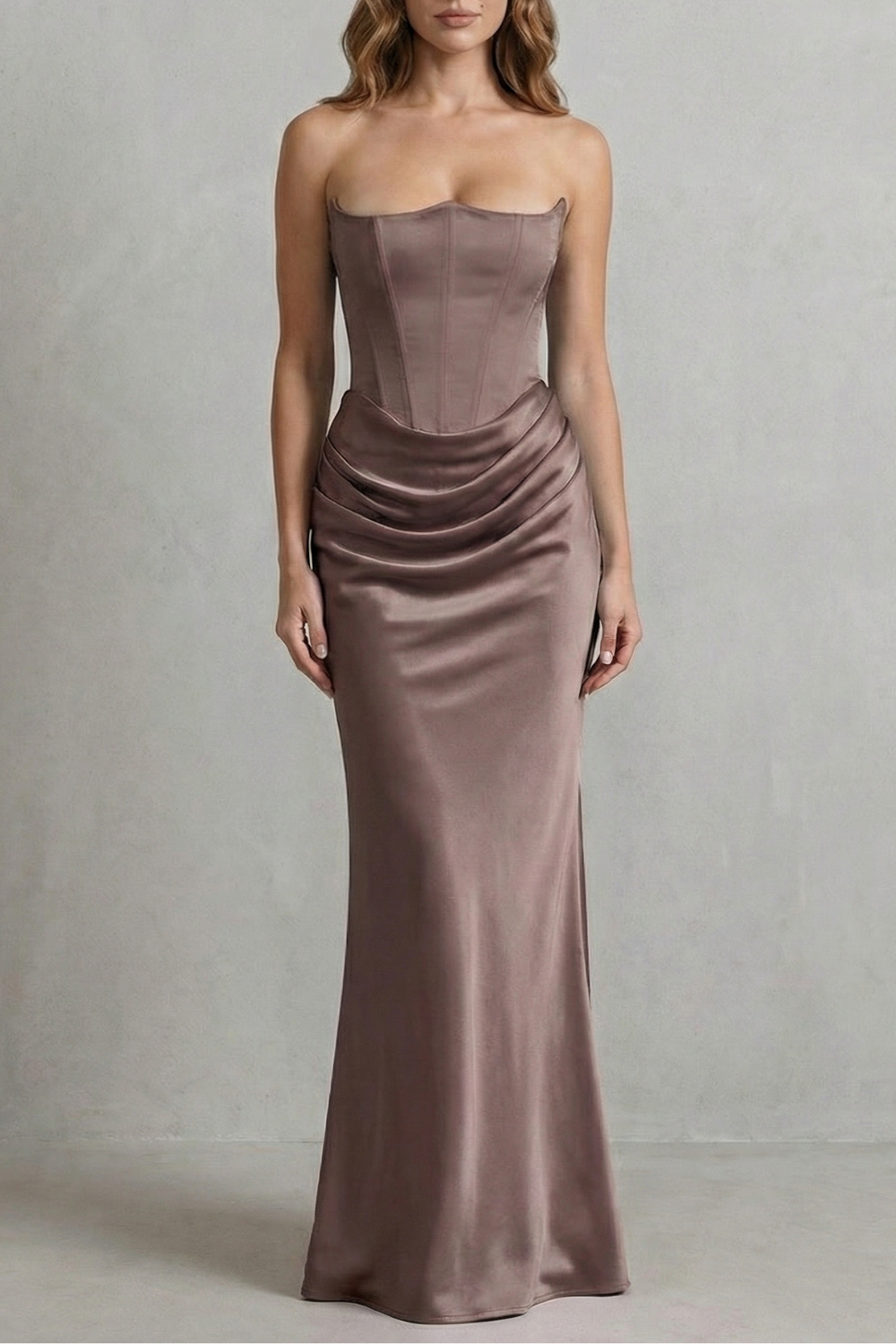 Sculpted Satin Drape Strapless Corset Maxi Dress